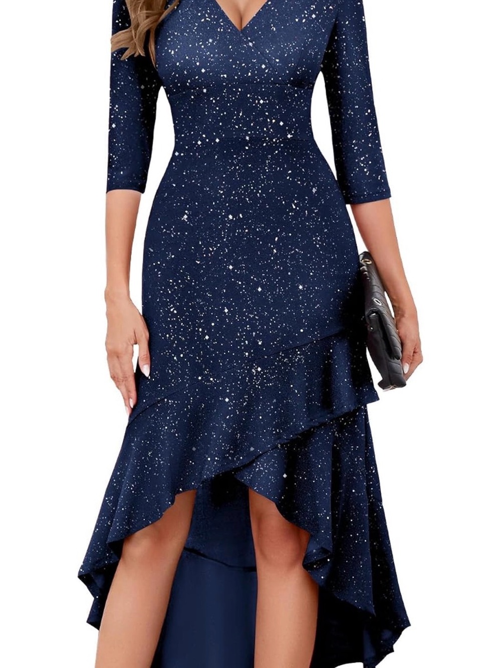 Women's Navy Sparkle Asymmetrical Ruffle Dress